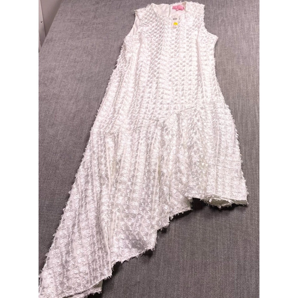 Eva Franco Asymmetrical Dress Womens 10 White Floral Lined Textured Back Zip